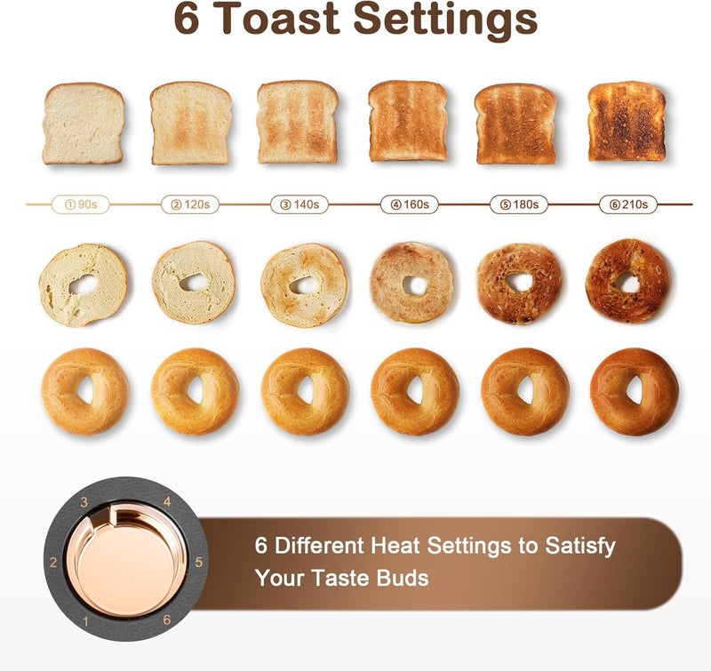 Mecity 4 Slice Toaster, Long Slot Toaster With Warming Rack, Timer, Bagel, Defrost, Reheat Functions, Crumb Tray, 6 Browning Settings, Extra Wide Long Slots, Stainless Steel, 1300W, Grey - Image 3